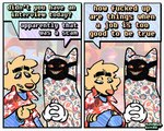 2_panel_comic 4_fingers abstract_background aloha_shirt anthro cigarette clothed clothed_anthro clothing crossed_arms dialogue duo fingers fully_clothed fully_clothed_anthro fur gesture hand_gesture male mask pattern_clothing pattern_shirt pattern_topwear pointing shirt smoking text topwear yellow_body yellow_fur rawdawgcomics rawdawgcomics_(series) julian_(rawdawgcomics) stahli_(rawdawgcomics) canid canine canis domestic_dog mammal unknown_species artist_name comic digital_media_(artwork) english_text