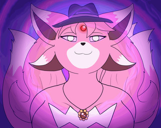 4_ears anthro big_breasts breasts clothing dipstick_ears dipstick_tail ear_markings female forehead_gem fur gem glowing glowing_eyes hair hat headgear headwear hypnosis hypnotizing_viewer jewelry long_hair looking_at_viewer markings mind_control multi_ear multi_tail multicolored_ears narrowed_eyes necklace pink_body pink_fur pink_hair pink_sclera purple_background simple_background smile solo tail tail_markings white_body white_eyes white_fur tastytales mythology mythological_carbuncle mythological_creature 2d_animation animated