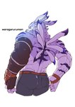 anthro bottomwear clothing male muscular muscular_anthro muscular_male pants piercing rear_view solo asiahao520 bandai_namco digimon canid canine digimon_(species) mammal were weregarurumon absurd_res hi_res