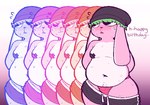 anthro beanie belly birthday blush bodily_fluids bottom_heavy bottomwear bottomwear_down bulge cheek_spots clothed clothing dialogue drawstring fur green_hair hair hat headgear headwear long_ears looking_away male moobs navel nipple_tape open_mouth overweight overweight_anthro overweight_male panties partially_clothed pasties pattern_bottomwear pattern_clothing pattern_panties pattern_underwear pink_body pink_clothing pink_panties pink_underwear pubes shorts shorts_down solo striped_bottomwear striped_clothing striped_panties striped_underwear stripes sweat tape underwear zlut385 lagomorph leporid mammal rabbit colored digital_drawing_(artwork) digital_media_(artwork) hi_res