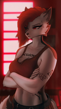 anthro black_lips breasts clothed clothing crossed_arms cyberpunk ear_piercing eyebrow_piercing facial_piercing female fur hair lips mohawk multicolored_body multicolored_fur neon_lights piercing red_eyes red_hair solo tail tattoo topwear white_body alex_artist cd_projekt_red cyberpunk_2077 edna_(alex_artist) canid canine canis mammal wolf digital_media_(artwork) hi_res