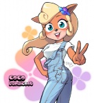 activision anthro bandicoot blonde_hair blue_eyes butt butt_pose clothing coco_bandicoot crash_bandicoot_(series) female flower hair looking_at_viewer mammal marsupial overalls pey pictographics plant ponytail pose simple_background small_butt smile solo white_background