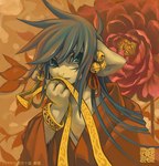 anthro bell blue_hair bracelet clothing flower gold_(metal) gold_bracelet gold_jewelry green_eyes hair jewelry kemono long_hair male plant ribbons robe solo string jeacn frost_(jeacn) unknown_species