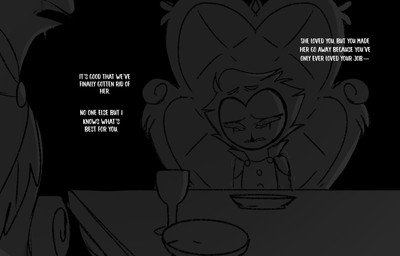 anthro black_background bodily_fluids chair container crying cup dialogue drinking_glass duo furniture glass glass_container glass_cup looking_down male plate simple_background sitting speech_bubble table tears text white_text wine_glass teathekook hellaverse helluva_boss paimon_(helluva_boss) stolas_(helluva_boss) avian bird owl owl_demon english_text hi_res monochrome father_(lore) father_and_child_(lore) father_and_son_(lore) parent_(lore) parent_and_child_(lore) parent_and_son_(lore) son_(lore)