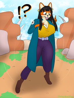 anthro big_breasts blush boots bottomwear breasts claws cleavage clothed clothing coat curvy_figure cute_fangs embarrassed exclamation_point fangs female finger_claws footwear fusion implied_transformation lips lipstick makeup open_mouth outside pants potara_ear_ring shirt shoes solo teeth text thick_bottom_lip thick_thighs topwear transformation voluptuous whiskers unregistereduser dragon_ball mai_(dragon_ball) shu_(dragon_ball) canid canine canis domestic_dog mammal shiba_inu spitz 3:4 absurd_res artist_name hi_res shaded signature