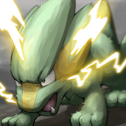 3_toes ambiguous_feral ambiguous_gender digitigrade electricity electrogenesis feet feral green_body green_eyes multicolored_body narrowed_eyes open_mouth outside paws pink_tongue quadruped snout solo standing teeth toes tongue two_tone_body yellow_body spicyichizo nintendo pokemon electrike generation_3_pokemon pokemon_(species) 2026 absurd_res hi_res shaded