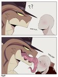 ambiguous_gender anthro blush blush_lines bodily_fluids brown_body bullet_hole clothing dialogue duo face_lick grey_body hat headgear headwear holding_partner licking no_pupils question_mark saliva saliva_on_tongue saliva_string simple_background size_difference smaller_human sweat tongue two_panel_image yellow_sclera klaus_bloodstein anon trevor_(klaus_bloodstein) human mammal reptile scalie snake 3:4 absurd_res hi_res