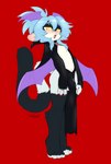 blue_body blue_fur blue_hair blush bulge cape clothing detailed_bulge fluffy fluffy_tail fur hair lipstick makeup male solo tail vampire_costume yellow_eyes sinfrou nebula_stellas haplorhine humanoid mammal monkey primate absurd_res colored_sketch hi_res sketch