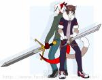 anthro asian_sword brown_hair claymore clothed clothing duo footwear fur hair looking_at_viewer male melee_weapon ninjato shoes smile sneakers standing sword two_handed_sword weapon white_hair dtalvi canid canine felid fox mammal watermark