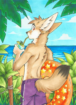 anthro beverage clothing container countershading cup dipstick_tail drinking_straw fur glass glass_container glass_cup inflatable inner_tube looking_at_viewer male markings mojito_(cocktail) orange_eyes outside palm_tree plant sea sky solo swimming_trunks swimwear tail tail_markings tan_body tan_fur tree water whiskers ango76 canid canine fennec_fox fox mammal true_fox 2019 hi_res traditional_media_(artwork)