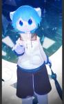 anthro blue_eyes blue_hair blue_umbrella blush bottomwear clock clothed clothing detailed_background eye_glint fully_clothed fur hair hoodie kemono looking_at_viewer male open_mouth shirt shorts solo standing star topwear umbrella white_body white_clothing white_fur white_shirt white_topwear young young_anthro aoino spica_(aoino) canid canine canis domestic_dog mammal digital_media_(artwork) hi_res pillarbox shaded