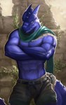 abs anthro belt biceps biped blue_body blue_horn blue_scales blue_spikes blue_tail bottomwear brown_bottomwear brown_clothing brown_shorts clothing crossed_arms deep_navel frown furgonomics glistening glistening_body green_scarf grumpy head_spikes horn light looking_down male male_anthro moss multicolored_body multicolored_scales muscular muscular_anthro muscular_male navel outside pecs plant rock ruins scales scarf shadow shirtless shirtless_anthro shirtless_male shorts solo spiked_tail spikes spikes_(anatomy) standing stone_wall sunlight tail tail_clothing tail_sleeve two_tone_body two_tone_scales two_tone_tail wall_(structure) yellow_eyes blehyr mythology virlym_(blehyr) dragon mythological_creature mythological_scalie scalie 2024 absurd_res colored english_description hi_res lighting portrait shaded signature three-quarter_portrait