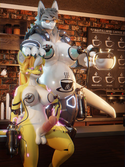 animal_genitalia animal_penis anthro belly_tattoo big_breasts bodily_fluids breast_milking breasts cafe container cybernetic_arm cybernetic_eye cybernetic_leg cybernetic_limb cybernetics duo equine_genitalia equine_penis eyewear female genitals gynomorph huge_breasts intersex intersex/female lactating looking_pleasured machine milk_container milking_machine nude open_mouth penis pregnant smile sunglasses tattoo haolde ghostlyshark_(modeler) ha1 latte_bonny canid canine canis equid equine horse hybrid mamagen mammal wolf 3:4 3d_(artwork) absurd_res digital_media_(artwork) hi_res
