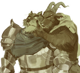 anthro arm_tuft armor beard clothing duo ear_piercing elbow_tuft eye_scar eyebrow_piercing eyebrows facial_hair facial_piercing facial_scar fur hand_on_face horn male nose_piercing nose_ring piercing ring_piercing scar simple_background tuft white_background macholobo bovid canid canine canis caprine goat mammal wolf 2024 absurd_res hi_res
