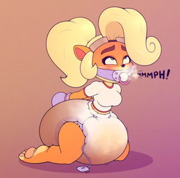 anthro barefoot blush bodily_fluids breath clothing diaper diaper_fetish feces feet female gag hair heart_symbol looking_pleasured midriff navel object_in_mouth pacifier pacifier_gag pacifier_in_mouth ponytail restraints sex_toy soiled_diaper soiling solo sweat unclean_diaper used_diaper vibrator cocomania activision crash_bandicoot_(series) coco_bandicoot bandicoot mammal marsupial 2021 hi_res
