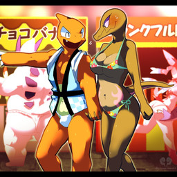 asian_clothing bikini black_bars blush bodily_fluids bulge clothing duo east_asian_clothing female festival fundoshi hand_holding japanese_clothing male navel sweat swimwear text two-piece_swimsuit underwear moesouna_gomi nintendo pokemon charmeleon eeveelution generation_1_pokemon generation_2_pokemon generation_6_pokemon generation_7_pokemon legendary_pokemon lugia pokemon_(species) salazzle sylveon 1:1 archived_source hi_res letterbox