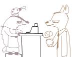 anthro apron cash_register clock clothed clothing counter duo half-closed_eyes hat headgear headwear male narrowed_eyes necktie simple_background watch white_background the_weaver disney pack_street zootopia don_(weaver) fan_character t_rex_(weaver) badger canid canine canis coyote mammal mustelid musteline 2017