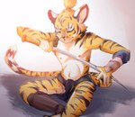 anthro countershading fur male melee_weapon nipples samurai sitting solo striped_body stripes sword warrior weapon yellow_body yellow_fur stampmats felid mammal pantherine tiger