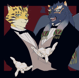 anthro black_body black_fur bow_tie clothing duo formal_wear fur gloves handwear male markings melanistic reaching_towards_viewer smile spots spotted_body spotted_fur suit wings izm_rm7 lifewonders tokyo_afterschool_summoners ose_(tas) tezcatlipoca_(tas) felid jaguar leopard mammal pantherine hi_res