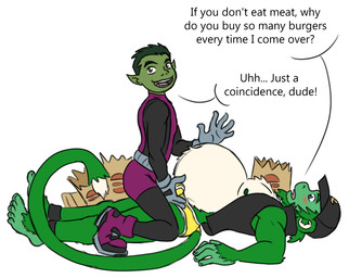 anthro belly big_belly bloated blush briefs bulge bulge_fondling clothing dialogue duo fur green_body green_eyes green_fur green_hair green_skin hair lying male male/male on_back stuffing text underwear verzisphere dc_comics teen_titans beast_boy mintmonkey haplorhine humanoid mammal monkey primate english_text