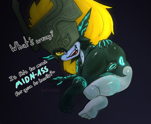 anus armor black_body blonde_hair blue_anus blue_markings blue_vulva breasts butt clothing dialogue eyelashes feet female fused_shadow genitals grey_body hair hand_on_butt headgear headwear helmet long_hair looking_at_viewer markings nipples nude one_eye_obstructed open_mouth open_smile presenting presenting_hindquarters purple_background red_eyes simple_background small_breasts smile snaggle_tooth solo talking_to_viewer text thick_thighs vulva wide_hips yellow_sclera 34frames nintendo the_legend_of_zelda twilight_princess midna humanoid imp twili hi_res