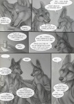 abs anthro canid canine canis clothed clothing comic dialogue digital_media_(artwork) duo english_text fur greyscale hand_on_shoulder male mammal marcus_(rukis) medicine monochrome open_clothing open_mouth open_shirt open_topwear reis rukis shirt sitting speech_bubble t-shirt teeth text topwear waking_up wolf