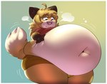 anthro belly big_belly blonde_hair bodily_fluids breath clothed clothing deep_navel female fur hair hand_on_belly huge_belly hyper hyper_belly morbidly_obese morbidly_obese_anthro morbidly_obese_female navel obese obese_anthro obese_female open_mouth overweight overweight_anthro overweight_female simple_background solo stuffing sweat white_body white_fur yellow_body yellow_fur mintrimo fujiko_(inazuma_kat) canid canine fox mammal red_fox true_fox 2022 hi_res