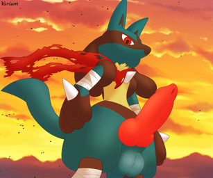 animal_genitalia animal_penis anthro balls bandage bandaged_arm bandaged_leg big_penis blue_body blue_fur canine_genitalia canine_penis cloud erection frown fur genitals kerchief knot looking_at_viewer male mountain outside penis red_eyes scarf sheath simple_background solo standing sunset conditional_dnp varium nintendo pokemon fan_character canid canine canis generation_4_pokemon lucario mammal pokemon_(species) 6:5 absurd_res digital_media_(artwork) hi_res