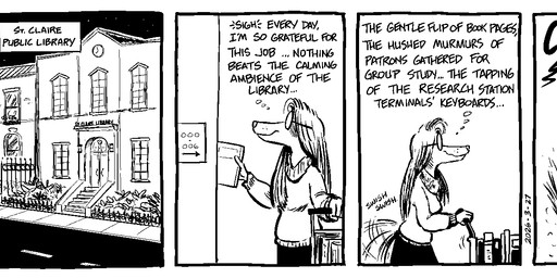 anthro book book_cart bookshelf clothed clothed_anthro clothed_female clothing eyewear female fully_clothed fully_clothed_anthro fully_clothed_female furniture glasses hair inner_monologue inner_thoughts librarian library long_hair magic_user night offscreen_character offscreen_female raised_tail solo surprised sweater tail tail_motion tailwag text thinking thought thought_bubble thoughts topwear wearing_glasses witch mellodillo cole_(mellodillo) afghan_hound canid canine canis domestic_dog hunting_dog mammal sighthound 2026 black_and_white comic english_text monochrome multiple_scenes