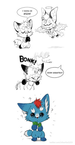 anthro banknote bell bell_collar blue_body blue_eyes blue_fur collar confusion dialogue duo eyes_closed fake_halo fangs featureless_crotch flying fur hair hitting_another hitting_head inner_ear_fluff male money neck_tuft nude onomatopoeia praying question_mark red_hair sound_effects speech_bubble star_(shape) teeth text tuft white_body white_fur white_inner_ear_fluff silverfox5213 suspiciously_wealthy_furry comet_(silverfox5213) silverfox5213_(character) bat canid canine fox mammal red_fox true_fox 2025 comic english_text hi_res male_(lore)