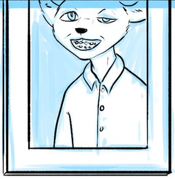 adolescent anthro braces button_(fastener) clothing collared_shirt male one_eye_half-closed photo shirt smile solo topwear young glopossum junip felid feline felis mammal sand_cat 2018 low_res monochrome