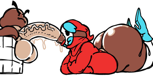 balls big_balls big_butt big_penis block blue_hair boots brown_body brown_skin butt clothed clothed_female clothing duo erection eyebrows female footwear genitals hair high_heeled_boots high_heels hoodie huge_balls huge_butt huge_penis hyper hyper_balls hyper_genitalia hyper_penis legwear lying male male/female mask not_furry on_front oral penis shoes thick_eyebrows thigh_highs tongue tongue_out topwear vein veiny_penis nsfwoaf mario_bros nintendo goomba humanoid shyguy 2026 digital_media_(artwork) english_description hi_res