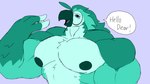 anthro big_muscles big_pecs blue_eyes dialogue feathers green_body green_feathers green_nipples greeting hair huge_muscles huge_pecs long_hair male multicolored_body multicolored_feathers muscular muscular_anthro muscular_arms muscular_male nipples pecs solo text parttimeyeen_(artist) nintendo the_legend_of_zelda avian rito 16:9 4k absurd_res english_text hi_res widescreen