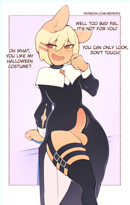 accessory anthro balls black_clothing black_legwear black_stockings blush blush_lines blush_stickers clothed clothing clothing_aside clothing_lift collar costume cross dialogue dress dress_lift erection exclamation_point femboy furniture garter garter_belt garter_straps genitals hair_accessory hairclip hairpin halloween_costume holidays legwear looking_at_viewer male narrowed_eyes no_underwear nun on_table open_mouth open_smile partially_clothed penis presenting presenting_penis question_mark simple_background sitting sitting_on_table smile smiling_at_viewer smirk solo stockings table teasing text nepentz halloween naori_(nepentz) lagomorph leporid mammal rabbit digital_media_(artwork) english_text hi_res