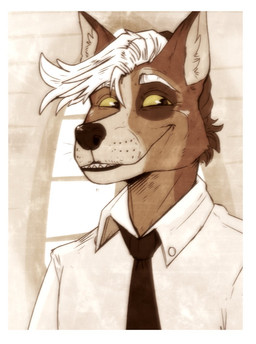 accessory anthro black_necktie black_nose border brown_body brown_fur brown_hair cheek_tuft clothed clothing facial_tuft front_view fur glistening glistening_eyes grin hair happy inner_ear_fluff looking_aside male necktie smile solo tan_body tan_fur tan_inner_ear_fluff teeth topwear tuft unsigned white_border white_clothing white_hair white_topwear window swampjaws kenneth_goodwin canid canine canis mammal red_wolf wolf bust_portrait portrait