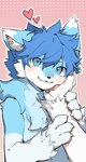 4_fingers anthro blue_body blue_eyes blue_fur blue_hair blush blush_lines countershaded_fur countershading disembodied_hand duo embarrassed fingers fur hair hand_on_face handpaw heart_symbol holding_head kemono leaning_on_hand male offscreen_character paws shy slim_male zibao999 mikey_(mikey_fox) canid canine fox mammal hi_res