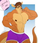 anthro biceps biped brown_body brown_fur brown_hair bulge clothed clothing drinking_potion eyes_closed eyewear fur glasses hair male muscular muscular_anthro muscular_male nipples partially_clothed pecs potion purple_clothing purple_underwear simple_background solo standing tail text topless underwear underwear_only wearing_glasses juano dangaroo kangaroo macropod mammal marsupial 2021 digital_media_(artwork) english_text hi_res portrait