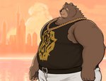 anthro black_clothing black_shirt black_tank_top black_topwear bottomwear brown_body brown_fur chain_necklace city clothing eye_scar facial_scar fur jewelry lake male musclegut muscular muscular_male necklace orange_background overweight overweight_male pants scar shirt side_view simple_background sky solo sunset tank_top topwear torn_clothing white_bottomwear white_clothing white_pants shyybuchi mihoyo zenless_zone_zero ben_bigger bear mammal thiren 2025 hi_res