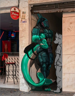 abs accessory anthro armor bag biceps body_armor bodysuit clothing duo female furgonomics gloves handwear headgear helmet larger_female male multicolored_body muscular muscular_arms muscular_female muscular_thighs shark_tail size_difference skinsuit tail tail_accessory tail_bag tight_clothing warrior rizzyofen a_chance_encounter anthro_anon azure_hastel ambiguous_species aquatic fish requiem_shark shark hi_res meme