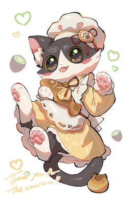 black_body black_eyes black_fur blush bottomwear bread chef_hat clothing cute_fangs fangs female feral food fur hat headgear headwear holding_food holding_object legs_up pawpads pink_pawpads simple_background skirt solo teeth tongue tongue_out white_background white_body white_fur yellow_sclera nullma skeb domestic_cat felid feline felis mammal absurd_res hi_res