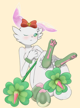 blush bracelet breasts cheek_tuft clover_(plant) clover_leaf egg facial_tuft feet female feral flower four_leaf_clover fur green_body green_eyes green_fur grey_body grey_feet jewelry leaf pawpads paws pink_flower pink_inner_ear pink_pawpads plant rabbit_ears red_bow scut_tail short_tail simple_background solo tail translucent translucent_ears tuft eeveeskies roco_kingdom roco_kingdom:world lagomorph leporid mammal rabbit absurd_res hi_res