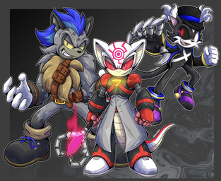 albino anthro belt blue_hair boots chest_fur chest_gem clothed clothing coat footwear fur gem glowing glowing_markings grey_hair group hair hat headgear headwear hoodie lab_coat lether_harness male markings metal_hand open_clothing open_hoodie open_topwear red_eyes shoes tail topwear trio haiiroslash sega sonic_the_hedgehog_(series) 15_(eggbot15) dr._frlicien_(eggbot15) fan_character nixus_(eggbot15) cobra darkling domestic_cat felid feline felis hyena mammal reptile scalie snake digital_media_(artwork) hi_res