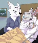 2018 akiric anthro arctic_fox bed blue_eyes canid canine cast chest_tuft clothed clothing disney duo ear_markings facial_markings female fox fur fur_markings furniture half-closed_eyes head_markings hospital_bed implied_handjob jack_savage lagomorph leporid male mammal markings narrowed_eyes on_bed one_eye_closed painting pillow rabbit sex skye_(zootopia) sling_(medicine) smile stealth_sex tenting true_fox tuft under_covers zootopia