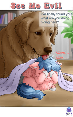 ambiguous_feral ambiguous_gender bedding blanket blue_hair blue_tail blurred_background book brown_body brown_eyes brown_fur brown_nose curtains dialogue duo feral fur hair hooves inner_ear_fluff licking licking_another pink_body pink_fur plant plant_pot potted_plant scared tail text tongue tongue_out tuft white_hooves white_inner_ear_fluff young young_ambiguous young_feral sorrystickpro fluffy_pony canid canine canis domestic_dog fluffy_pony_(species) mammal 2026 5:8 absurd_res digital_media_(artwork) english_text hi_res letterbox shaded