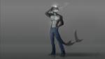 abs anthro biceps bottomwear clothed clothing denim denim_bottomwear denim_clothing eyewear jeans male muscular muscular_anthro muscular_male pants pecs simple_background smile smoking solo standing sunglasses teeth topless alaicinereo kazuhira fish marine shark digital_media_(artwork)