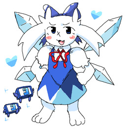 3_toes 9_(number) accessory anthro barefoot blue_clothing blue_dress blue_heart blue_ribbon blush blush_stickers bow_ribbon clothing collared_dress cosplay crossover_cosplay crystal crystal_wings dress facial_scar fangs feet female fur hair hair_accessory hair_bow hair_ribbon hands_on_hips heart_symbol ice ice_crystal looking_at_viewer one_fang open_mouth puffy_sleeves red_ribbon ribbons scar simple_background solo sparkles teeth toes unusual_anatomy unusual_wings white_background white_body white_clothing white_dress white_fur white_hair wings x_scar melfunnysmell cave_story touhou cirno sue_sakamoto lagomorph mammal mimiga 2024 crossover dated hi_res