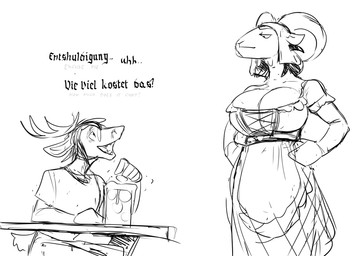 alcohol anthro antlers barmaid beer beer_mug beverage big_breasts breasts cleavage clothed clothing container cup dialogue duo female horn huge_breasts male mug text hladilnik goat_barmaid_(hladilnik) marylin_(hladilnik) bovid caprine deer goat mammal 2025 english_text german_text hi_res monochrome sketch translated