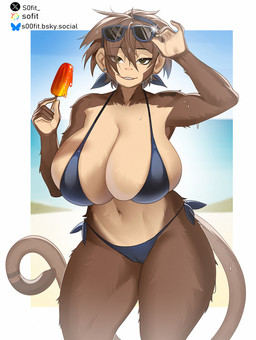 anthro big_breasts bikini biped breasts brown_body brown_fur brown_hair camel_toe clothed clothing eyewear eyewear_on_head female food front_view fur hair holding_food holding_object holding_popsicle huge_breasts long_tail looking_at_viewer navel partially_clothed_female popsicle popsicle_melting skimpy smile solo standing sunglasses sunglasses_on_head swimwear tail two-piece_swimsuit sofit kaoi_(kareca) haplorhine mammal monkey primate hi_res