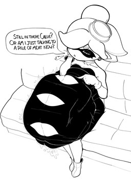 after_vore belly big_belly clothing duo female female_pred female_prey gloves handwear overweight simple_background sitting speech_bubble text vore white_background fourofour nintendo splatoon callie_(splatoon) marie_(splatoon) aquatic cephalopod inkling mollusk 2023 absurd_res english_text hi_res monochrome