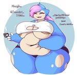 4_fingers anthro anthrofied areola areola_slip belly belly_grab belly_overhang belly_squeeze beverage big_belly big_breasts blue_body blue_hair breasts brown_areola candy claws clothed clothing countershade_face countershade_torso countershading crop_top deep_navel dessert dialogue drowsy eyelashes eyes_closed female fingers food hair hand_on_belly holding_beverage holding_object huge_breasts huge_hips huge_thighs hungry just_woke_up marshmallow multicolored_body multicolored_hair navel nipple_outline noseless obese obese_anthro obese_female open_mouth overweight overweight_anthro overweight_female panties pink_hair pokemorph shirt skimpy snaggle_tooth solo spots standing tan_body text thick_arms thick_thighs tight_clothing tired topwear torn_clothing two_tone_body two_tone_hair under_boob underwear weight_gain wide_hips yawn glimglam nintendo pokemon fan_character glamor_(glimglam) ditto_(pokemon) generation_1_pokemon goo_creature half_shiny_pokemon mammal pokemon_(species) shiny_pokemon snorlax 2022 absurd_res english_text hi_res portrait three-quarter_portrait